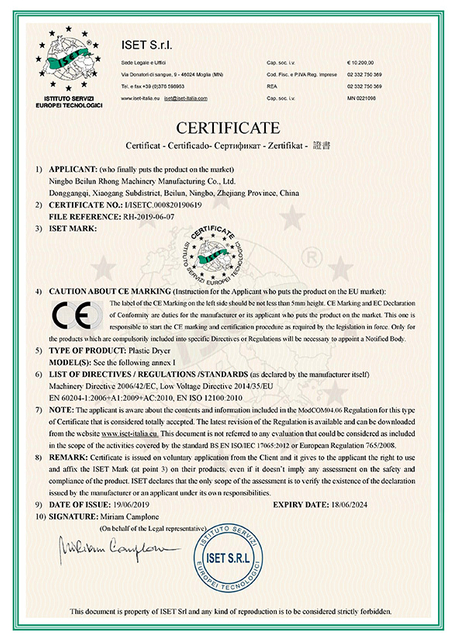 Certificación CE de secador de tolva
